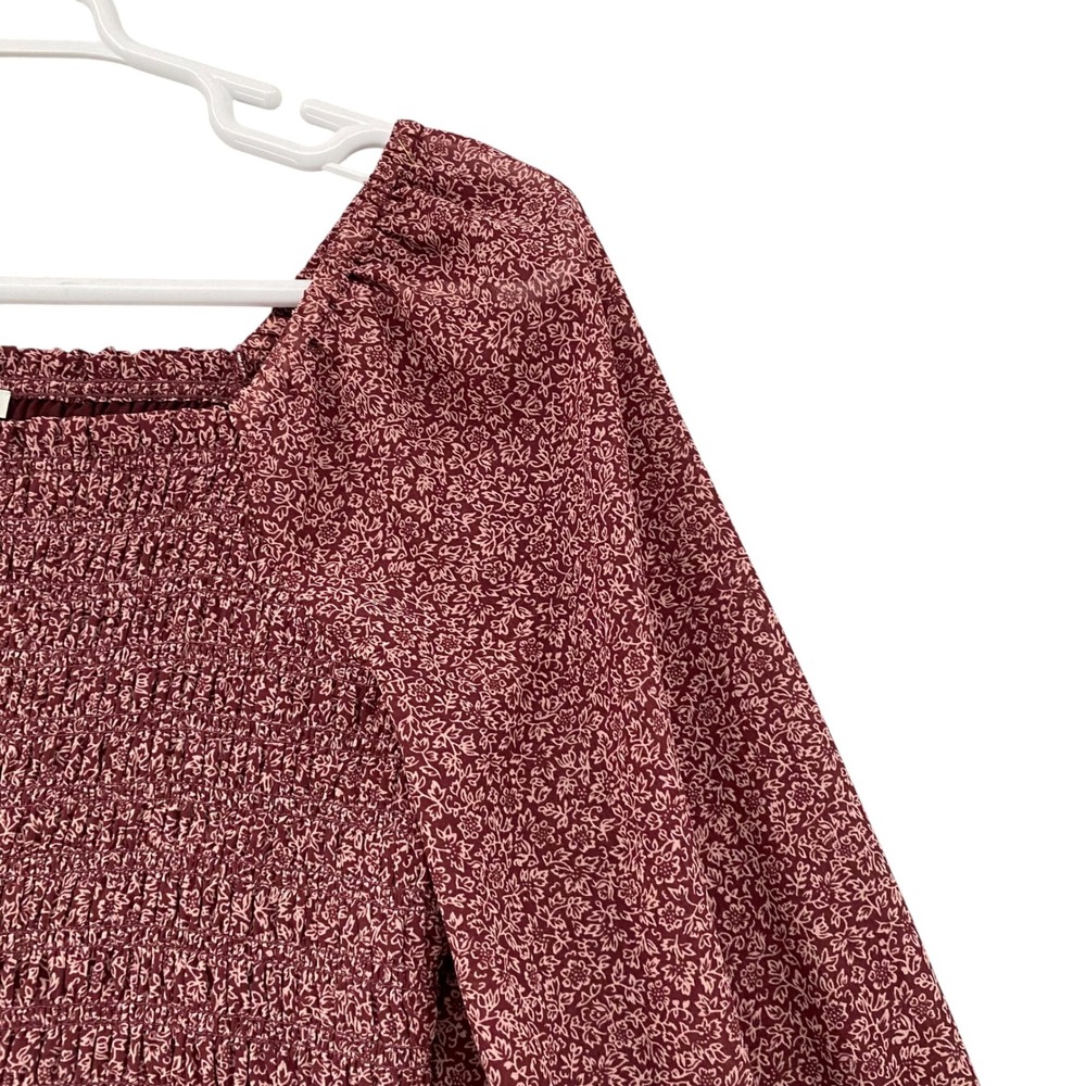Madewell Burgundy Floral Smocked Square Neck Puff Sleeve Top Womens Medium M - Picture 3 of 8